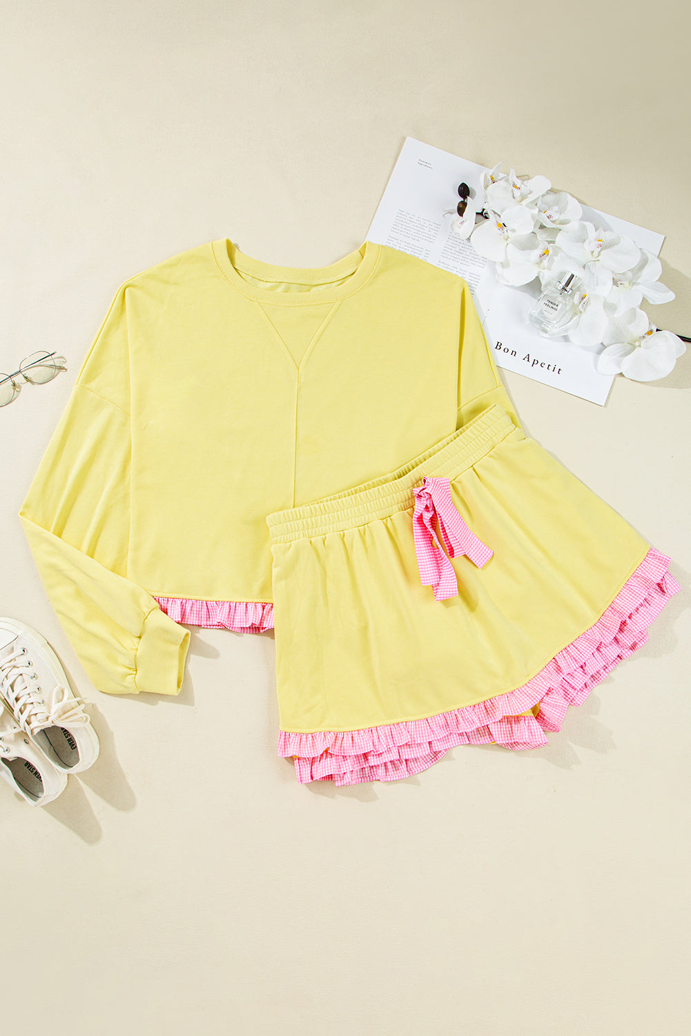 Plaid Ruffle Patchwork Top and Shorts Plus Size Set