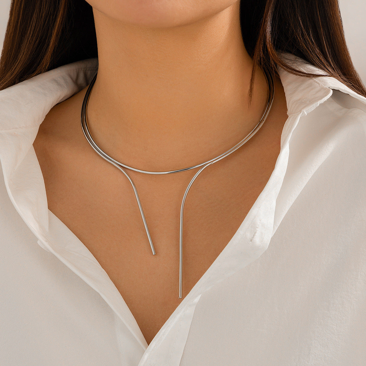 Smooth plain circle double-layer V-shaped choker women's punk style minimalist metal collar collarbone chain