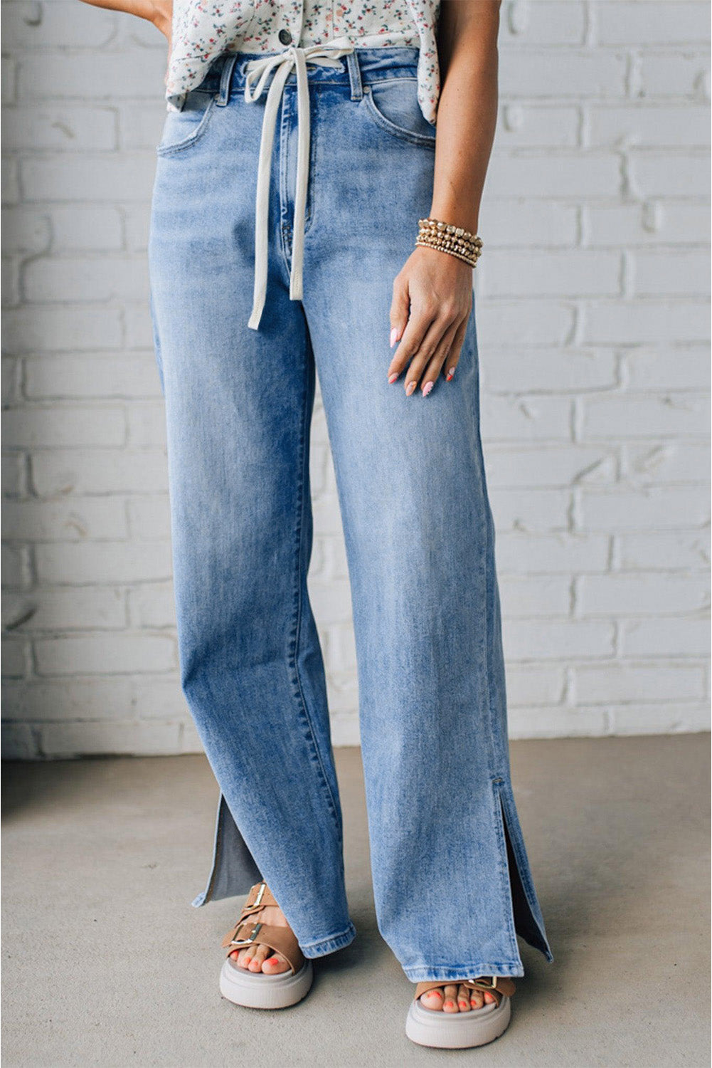 light blue jeans with drawstrings