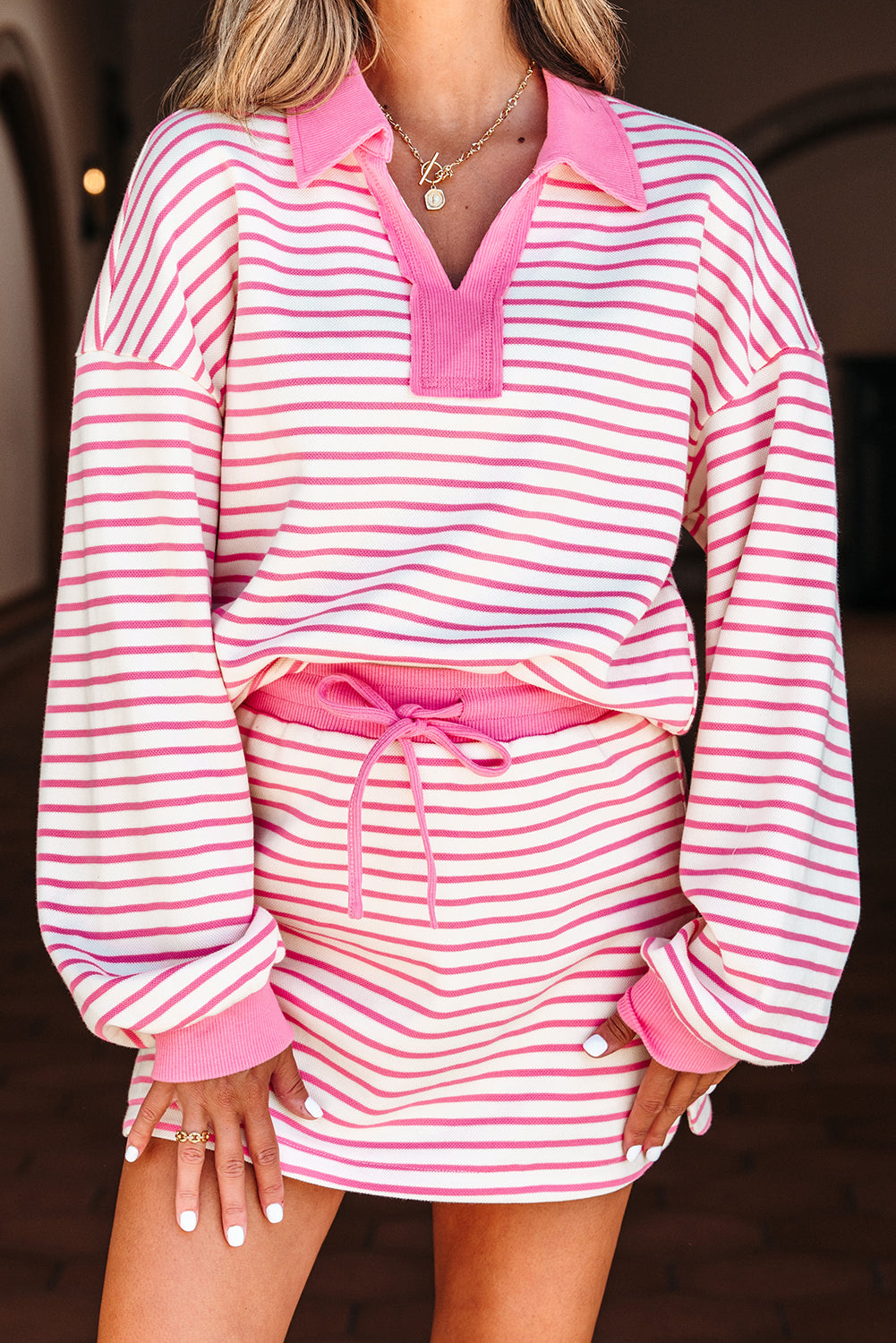 Stripe Drop Shoulder Skort 2pcs Outfit