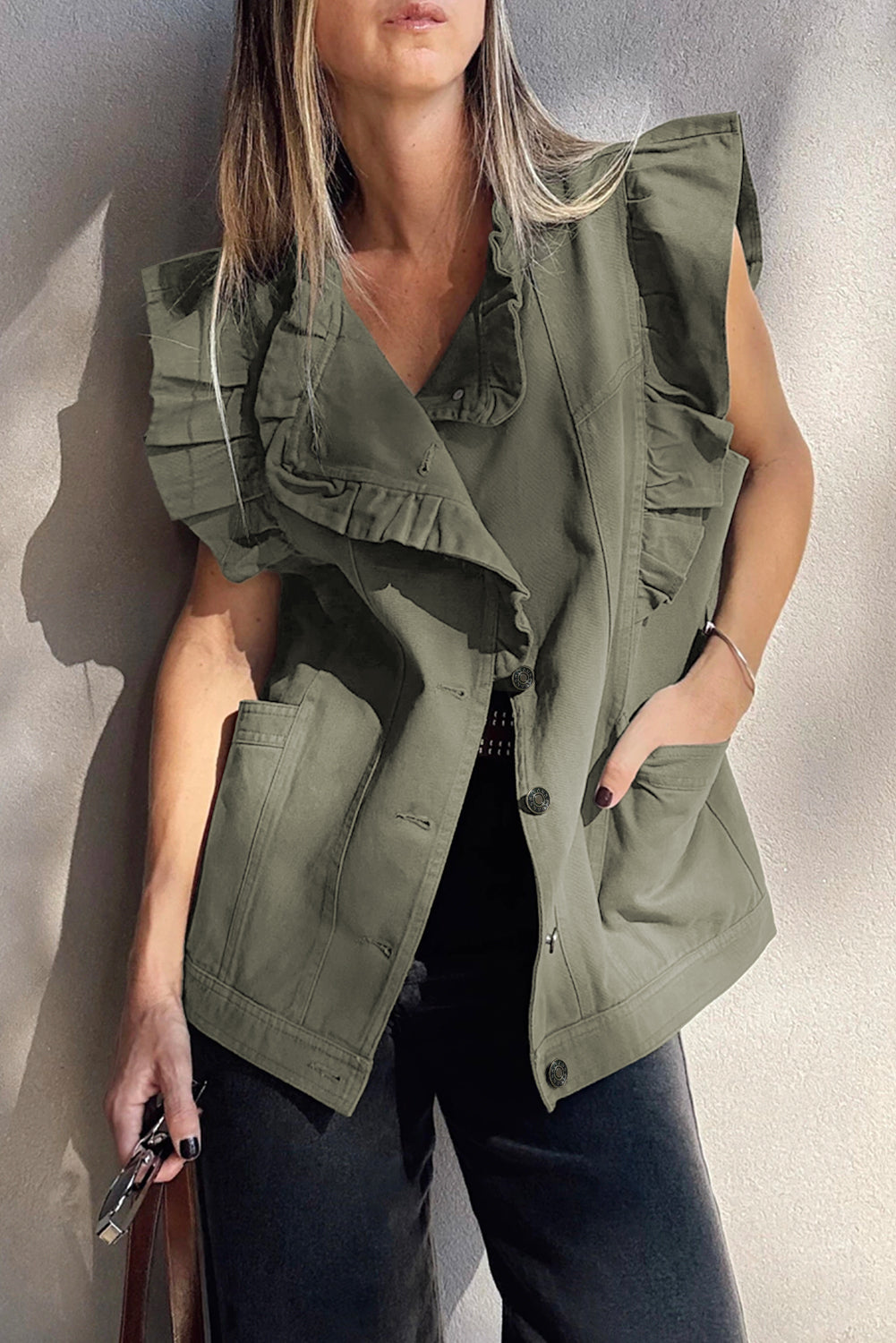 Ruffled Patchwork Denim Jacket Vest