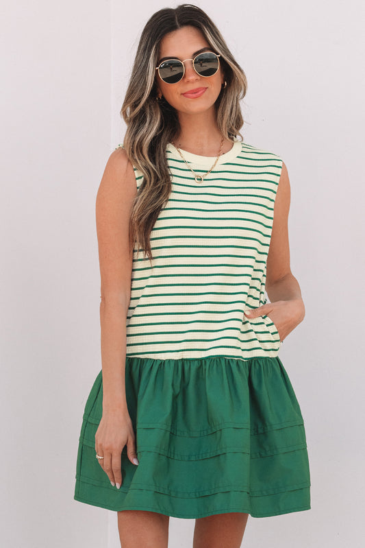 Stripe Woven Ruffled Sleeveless Mini Dress