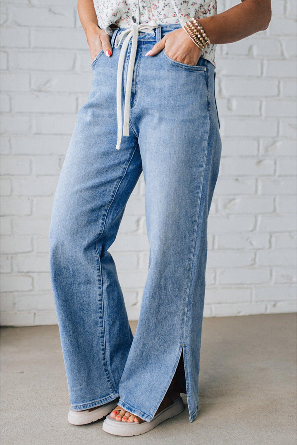 Slit Leg High Rise Drawstring Jeans