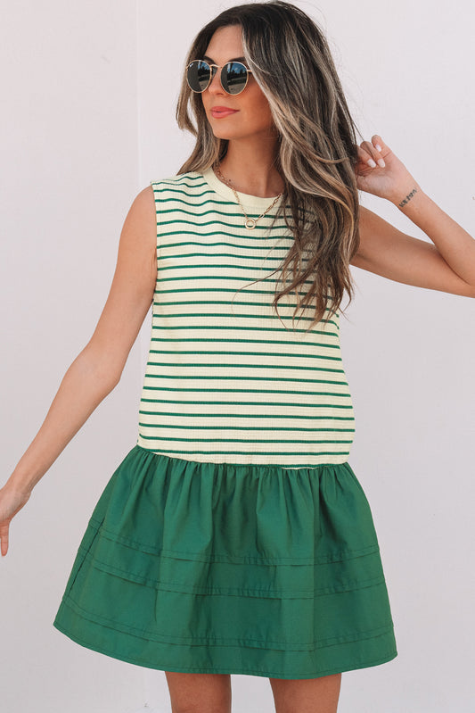 Stripe Woven Ruffled Sleeveless Mini Dress