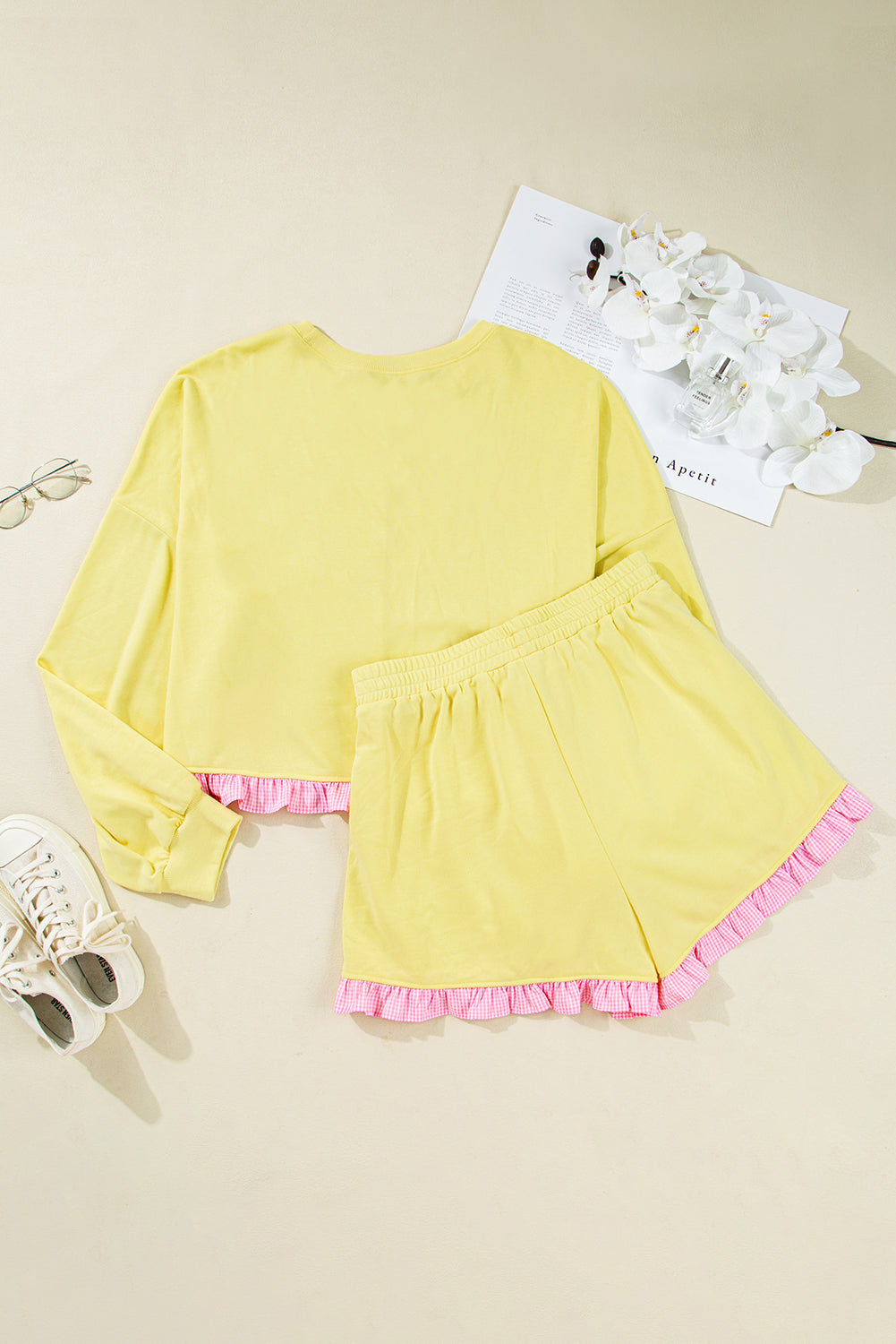 Plaid Ruffle Patchwork Top and Shorts Plus Size Set