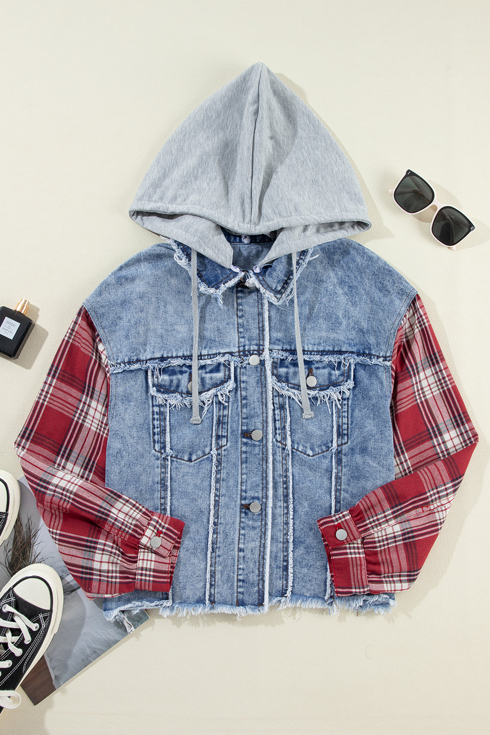 Plaid Patchwork Hooded Denim Jacket