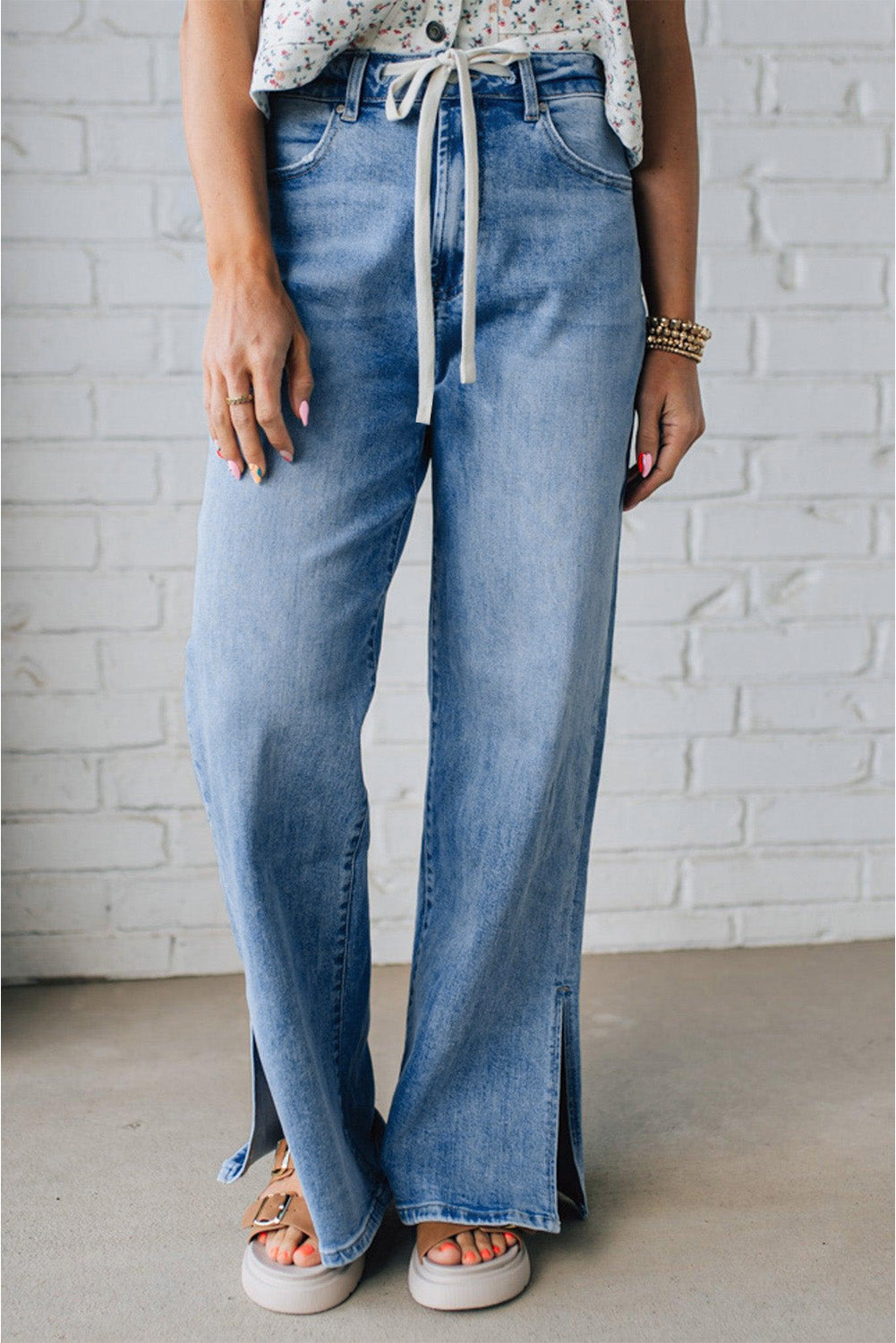 Slit Leg High Rise Drawstring Jeans