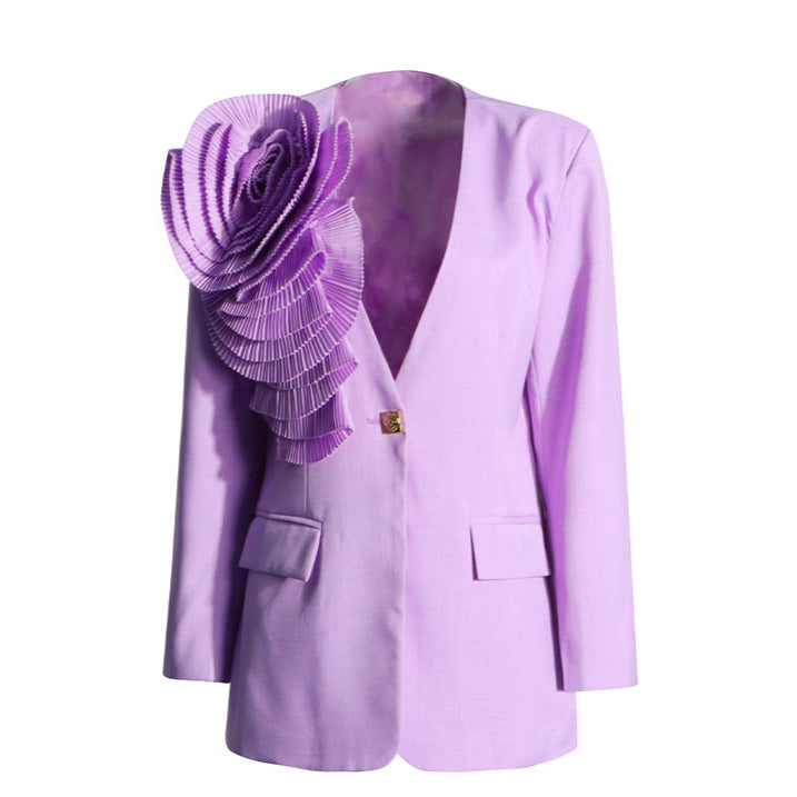Lavender suit jacket with a large floral embellishment