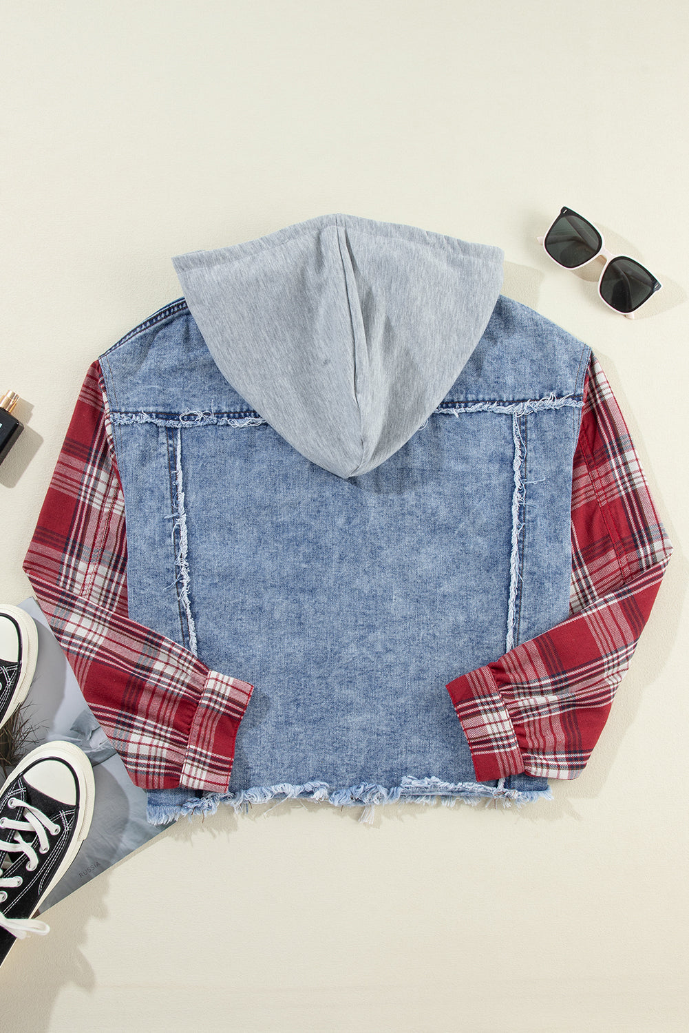 Plaid Patchwork Hooded Denim Jacket