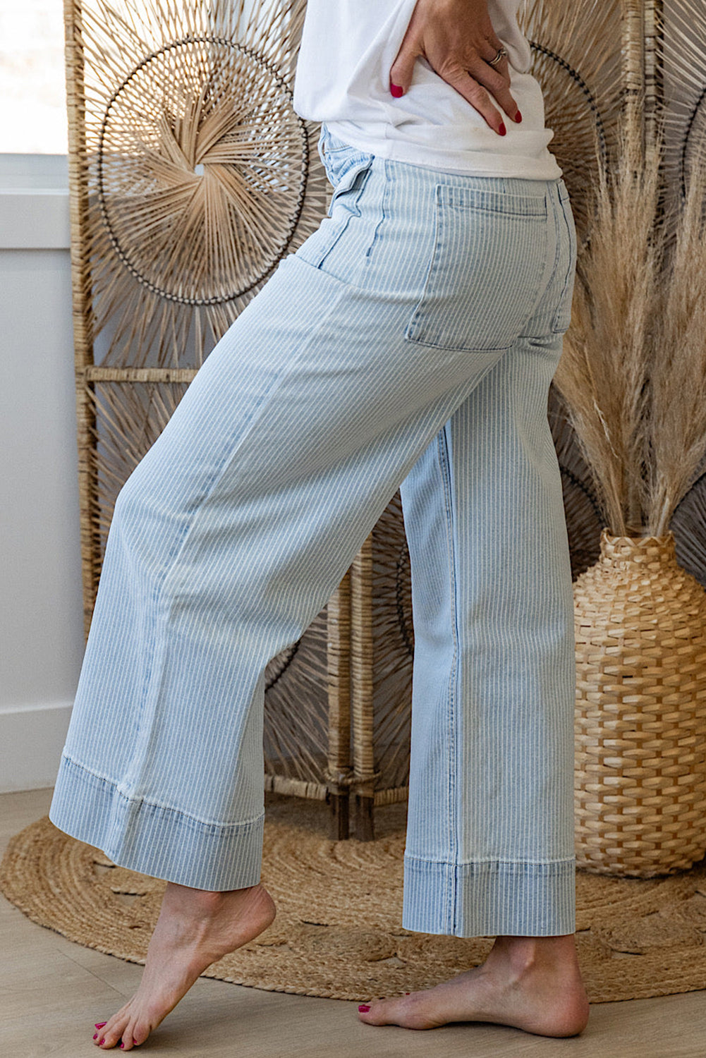 Pocket Cuffed Hem Wide Leg Jeans