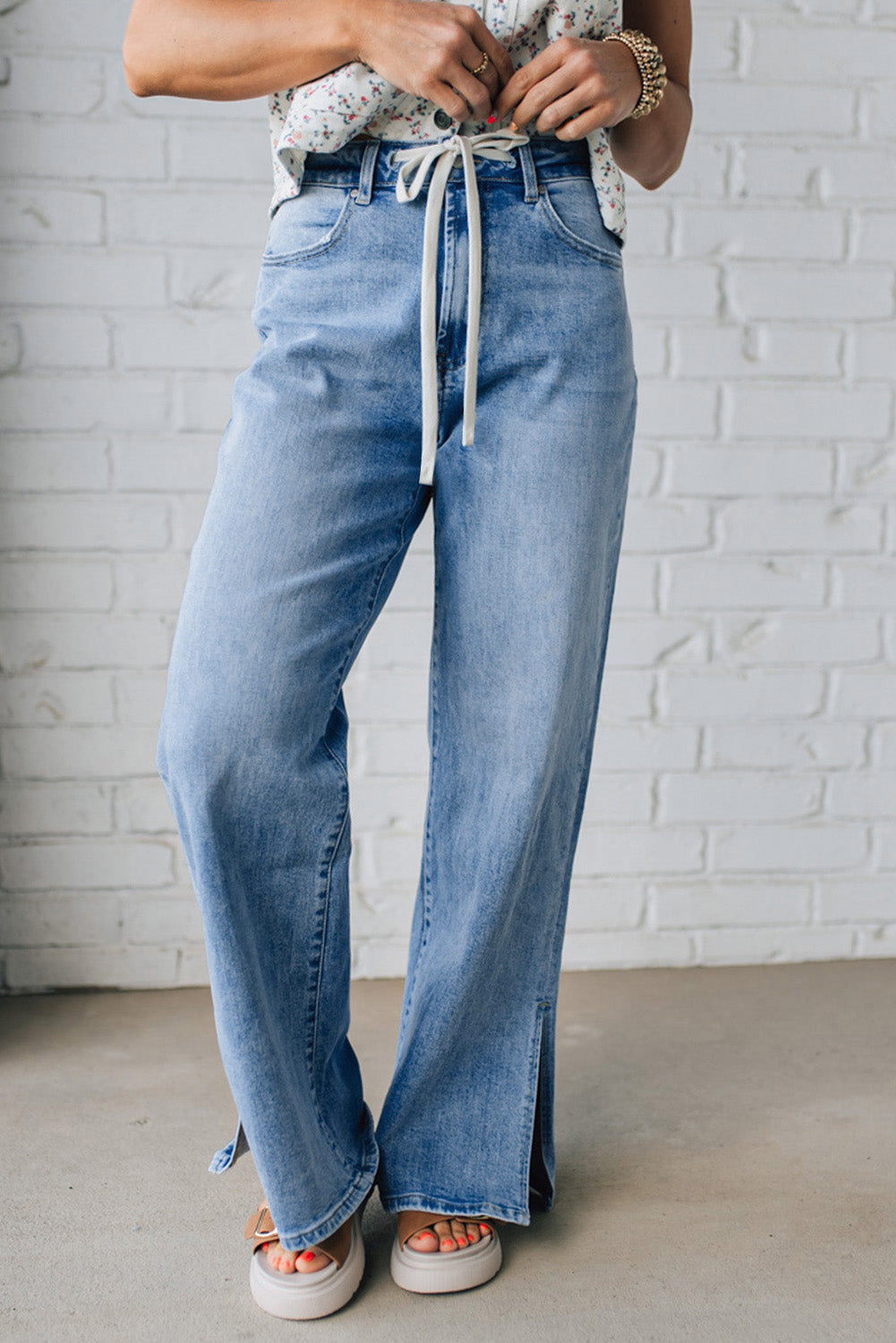 Slit Leg High Rise Drawstring Jeans