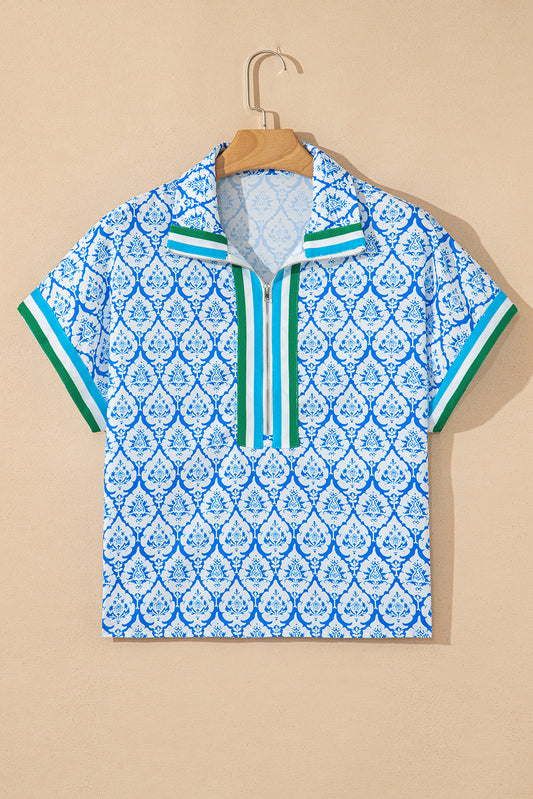 Print Collar Short Sleeve Summer Top