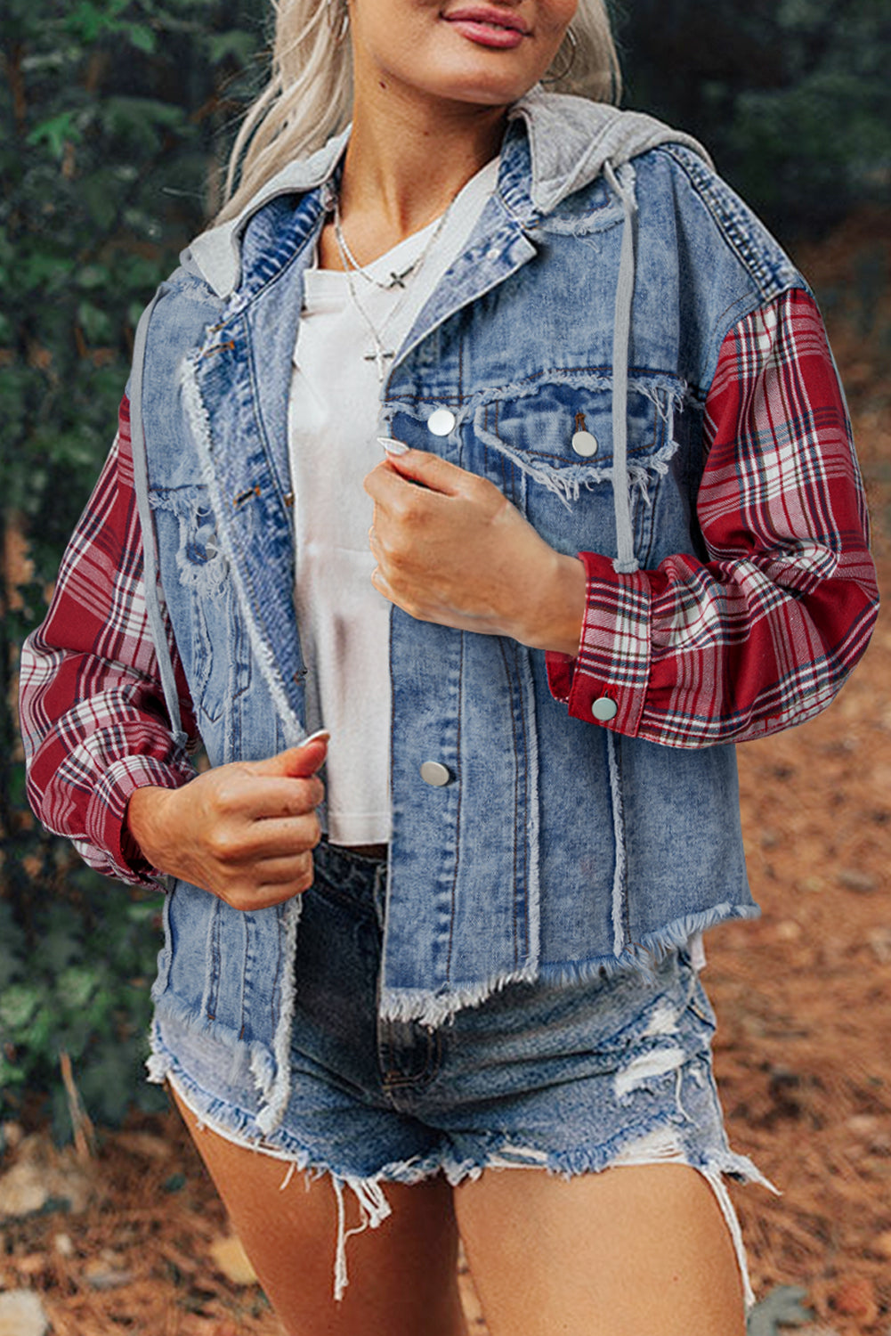 Plaid Patchwork Hooded Denim Jacket