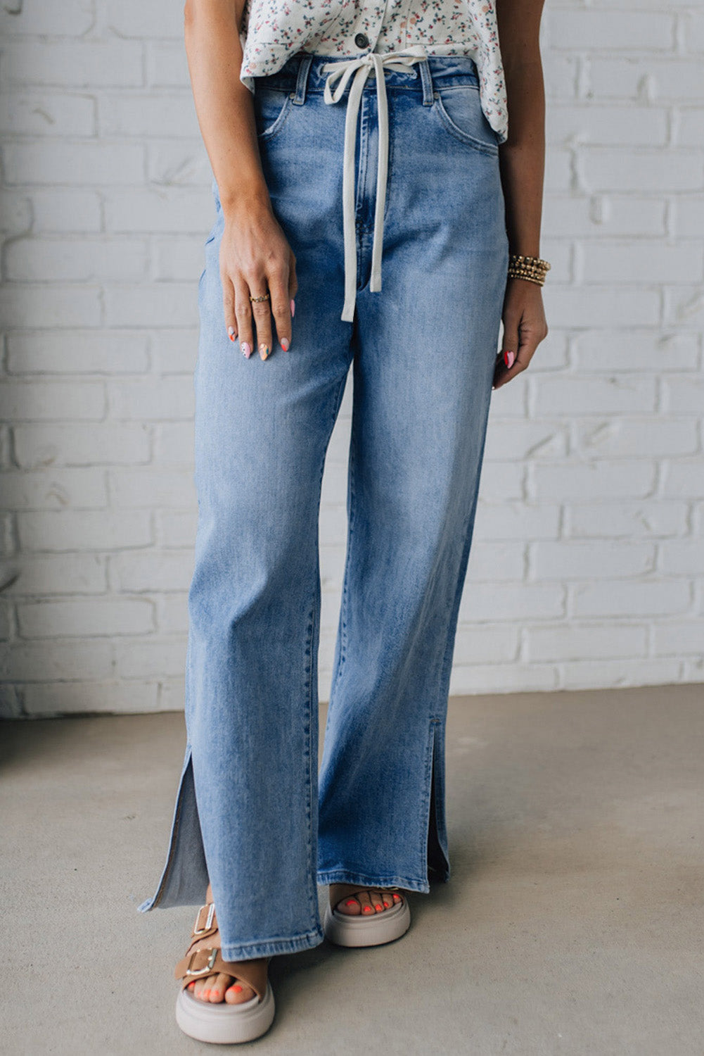 Slit Leg High Rise Drawstring Jeans