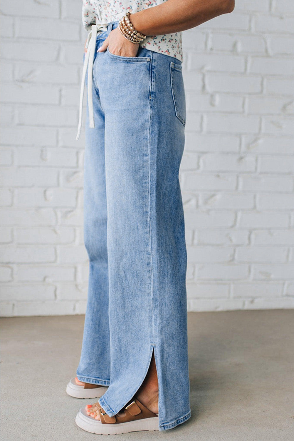Slit Leg High Rise Drawstring Jeans