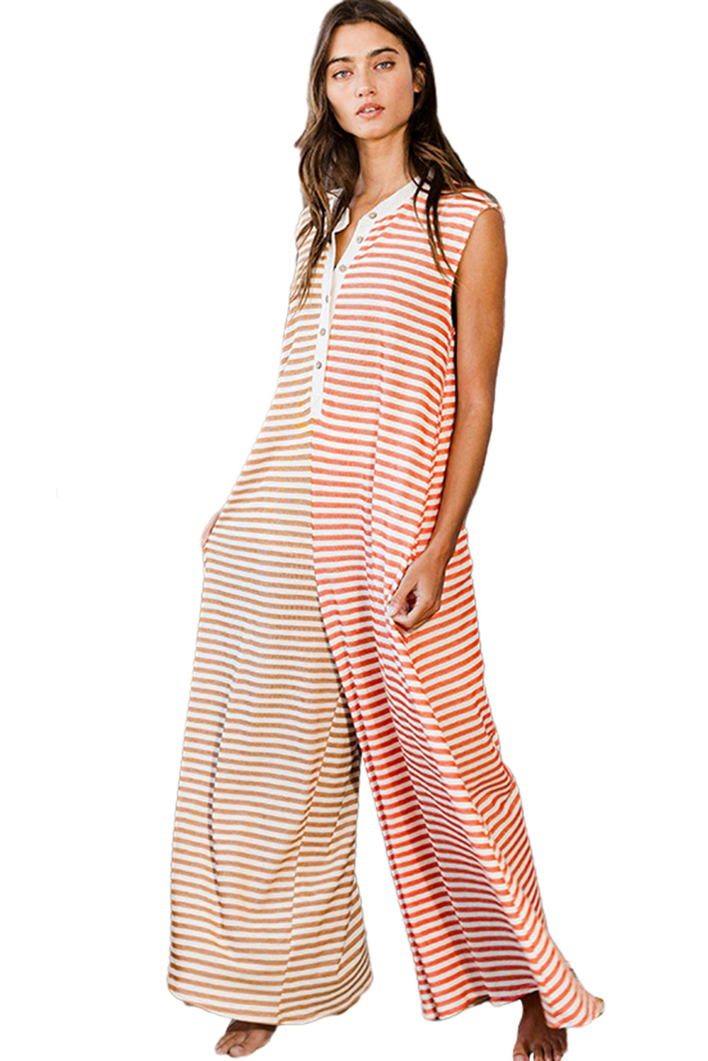 Striped Pocketed Baggy Wide Leg Jumpsuit