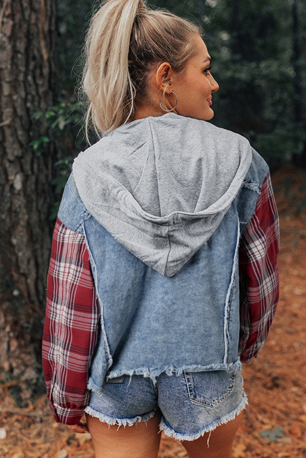Plaid  Patchwork Hooded Denim Jacket