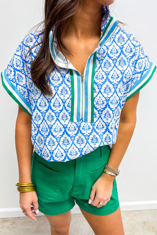 Print Collar Short Sleeve Summer Top
