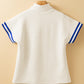Beige Preppy Striped Trim Textured Quarter Zipper Colorblock Short Sleeve Top