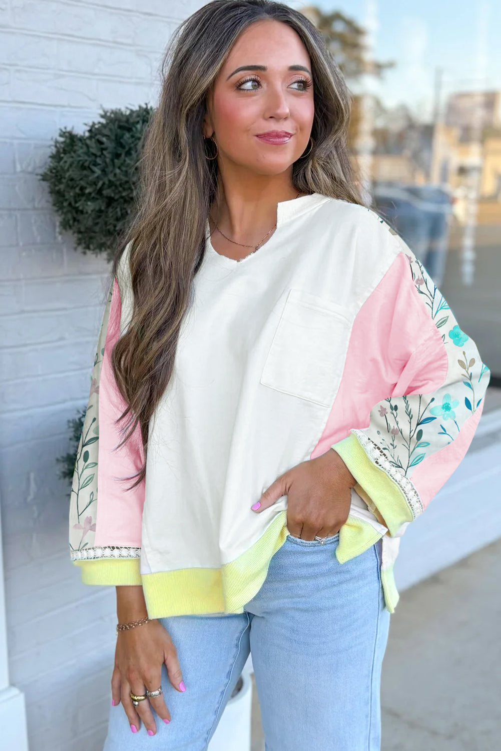 Floral Colorblock  Long Sleeve Top