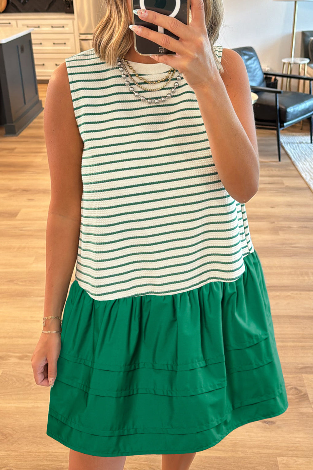 Stripe Woven Ruffled Sleeveless Mini Dress