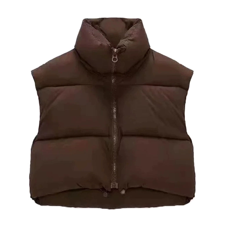 Zipped Stand Collar Short Cotton Jacket Vest