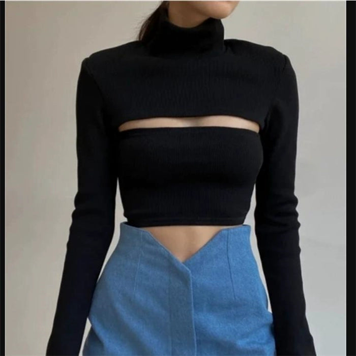 Cut-out Turtleneck Ribbed Top