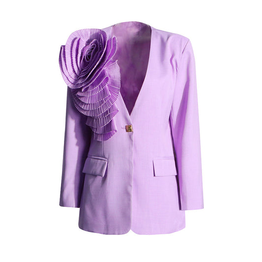 Lavender blazer with a large floral embellishment 
