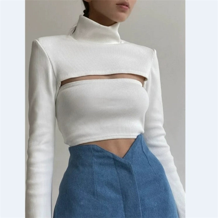 Cut-out Turtleneck Ribbed Top