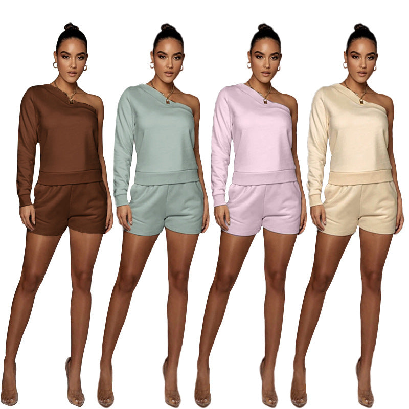Pullover off-shoulder  Women's Long-Sleeved Sweatshirt Set