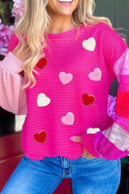 Rose Valentine Heart Graphic Color Block Sleeve Waffle Knit Top