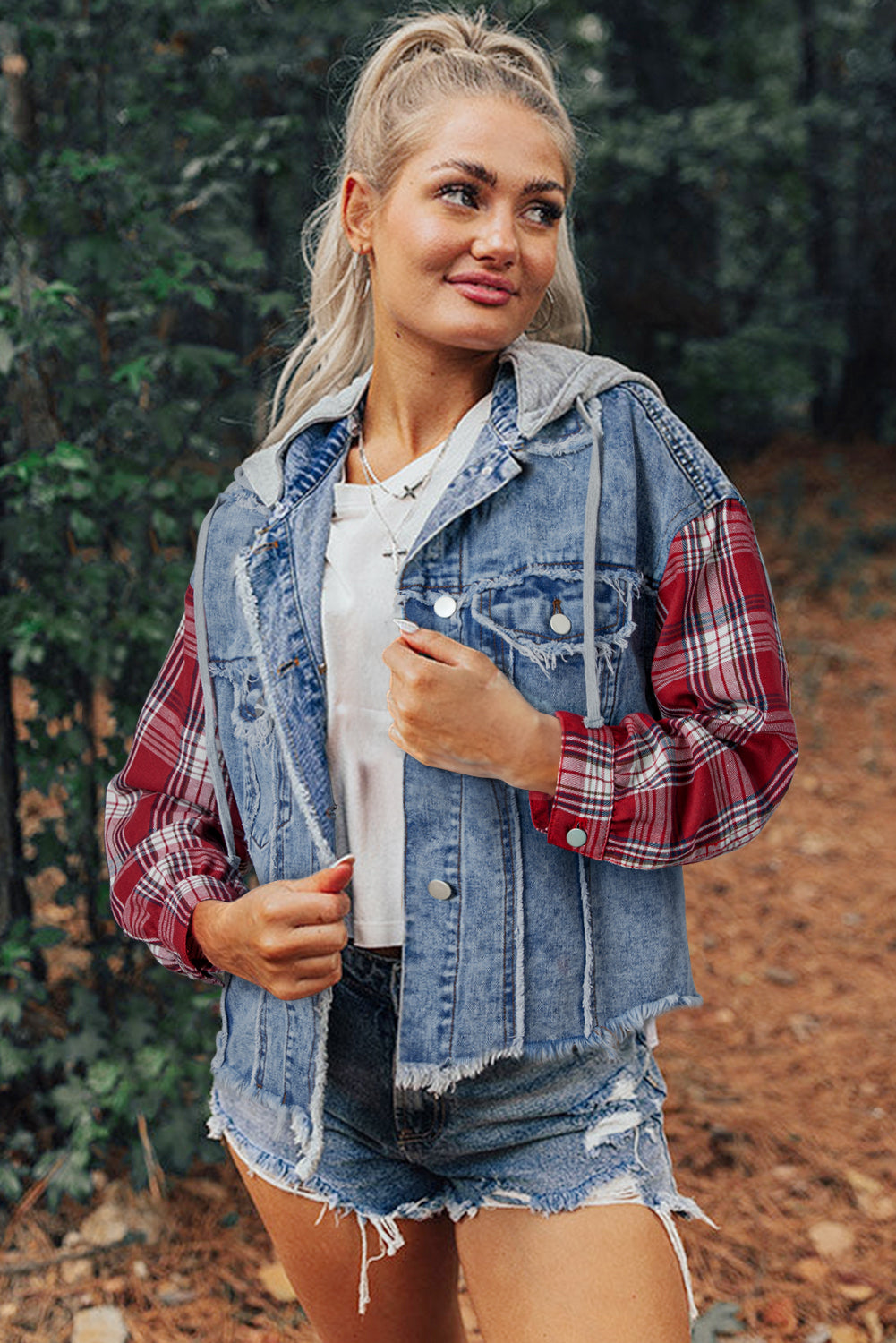 Plaid  Patchwork Hooded Denim Jacket