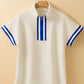 Beige Preppy Striped Trim Textured Quarter Zipper Colorblock Short Sleeve Top