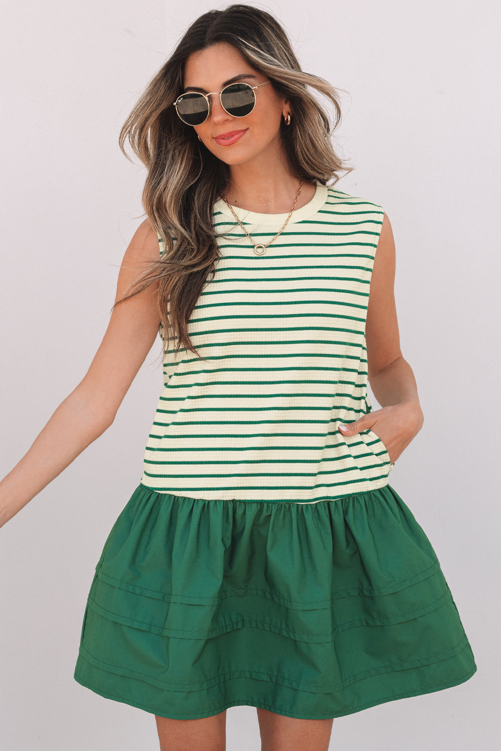 Stripe Woven Ruffled Sleeveless Mini Dress